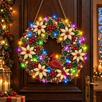 🎄💎 Vianočný veniec DIY s diamantmi, perlami a LED svetlami – 9 štýlov, akrylová doska, jednoduché tvorenie.