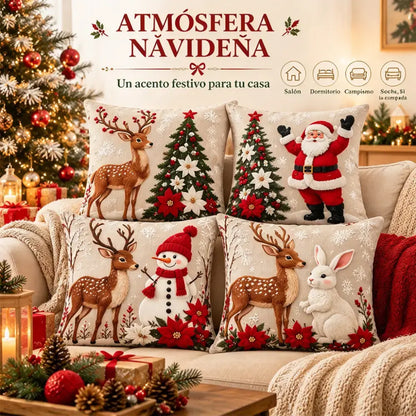 🎅【4 darabos szett】☃️ Karácsonyi párnahuzat Mikulással, hóemberrel, rénszarvassal és fával, ünnepi dekoráció kanapéra, hálószobába és nappaliba, azonnal meghitt hangulatot teremt 🎄✨