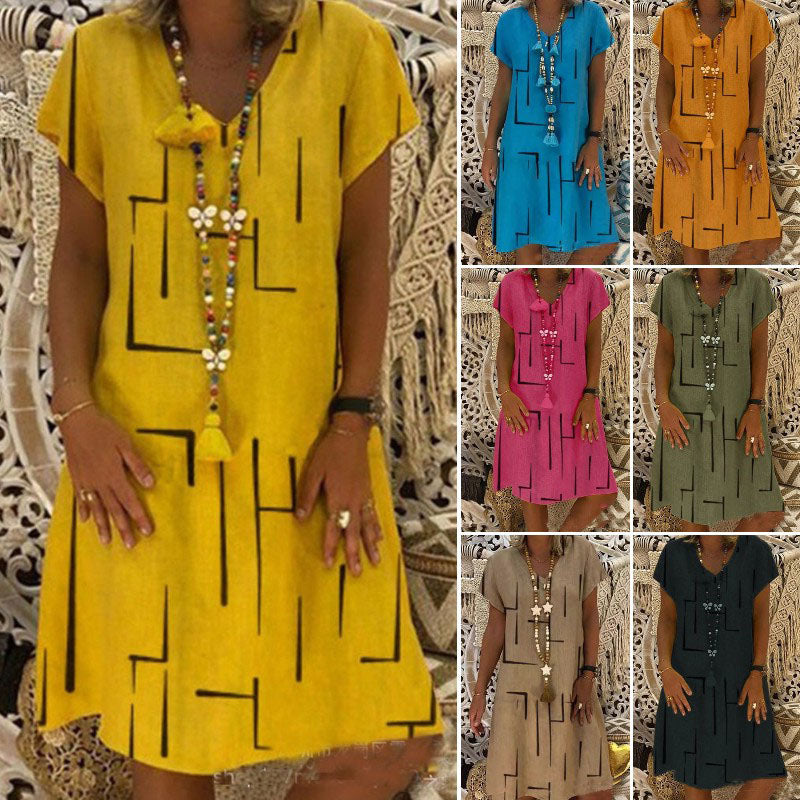 【🏆45% OFF】👗【S-5XL】Potištěné bavlněné šaty s výstřihem do V