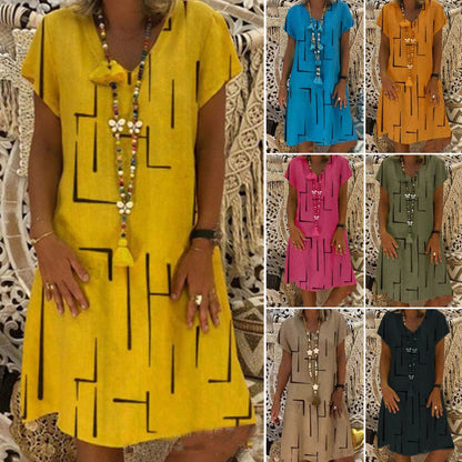【🏆45% OFF】👗【S-5XL】Potištěné bavlněné šaty s výstřihem do V