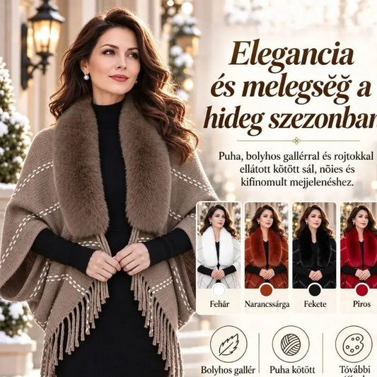 ✨ Kötött téli kendő bolyhos gallérral és elegáns rojtokkal · Kényelmes, laza fazonú poncsó-kardigán nőknek!