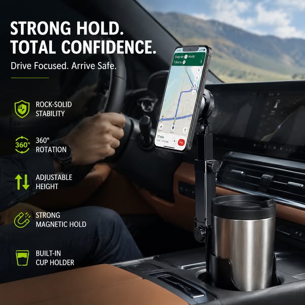 🧲Soporte para teléfono móvil para portavasos de coche: ajustable 360°, imán N52 potente, manejo con una sola mano, compatible con todos los teléfonos, modelos magnéticos y de sujeción estables para una conducción segura.