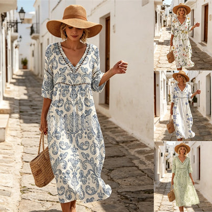 👗【S-3XL】Poletna obleka iz bombaža in lana s potiskom, dolga, z V-izrezom
