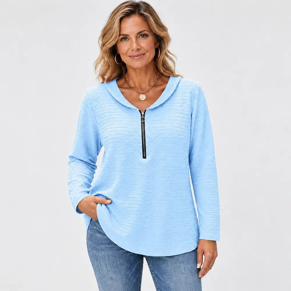 ✨【S–5XL / 5 szín】Egyszínű női felső stílusos rakással, Péter Pán gallérral, cipzáras záródással és klasszikus vállkivágással.