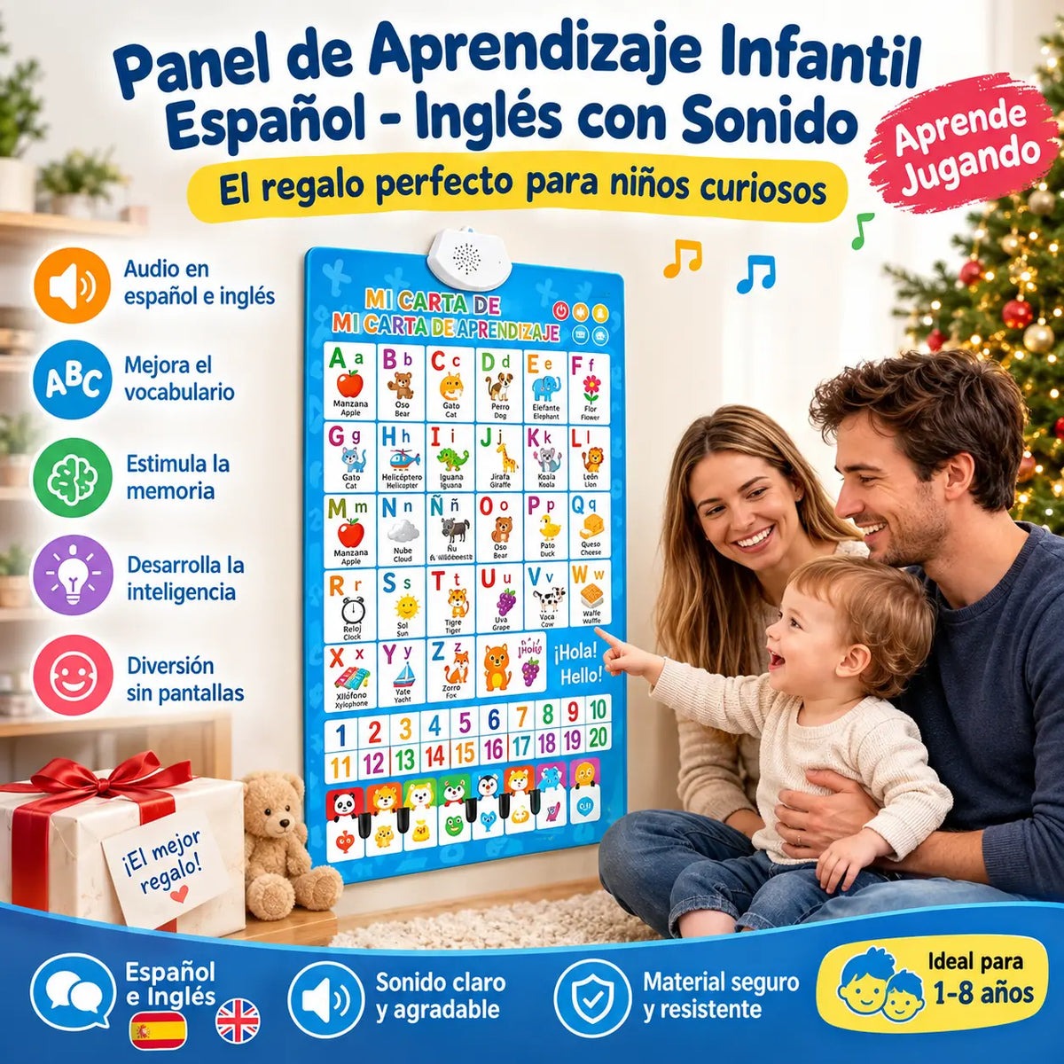 🔊 Kétnyelvű (spanyol-angol) hangos oktató falikép | Betűhangok (26/27 betű) | Prémium ajándékkészlet gyerekeknek 🎁