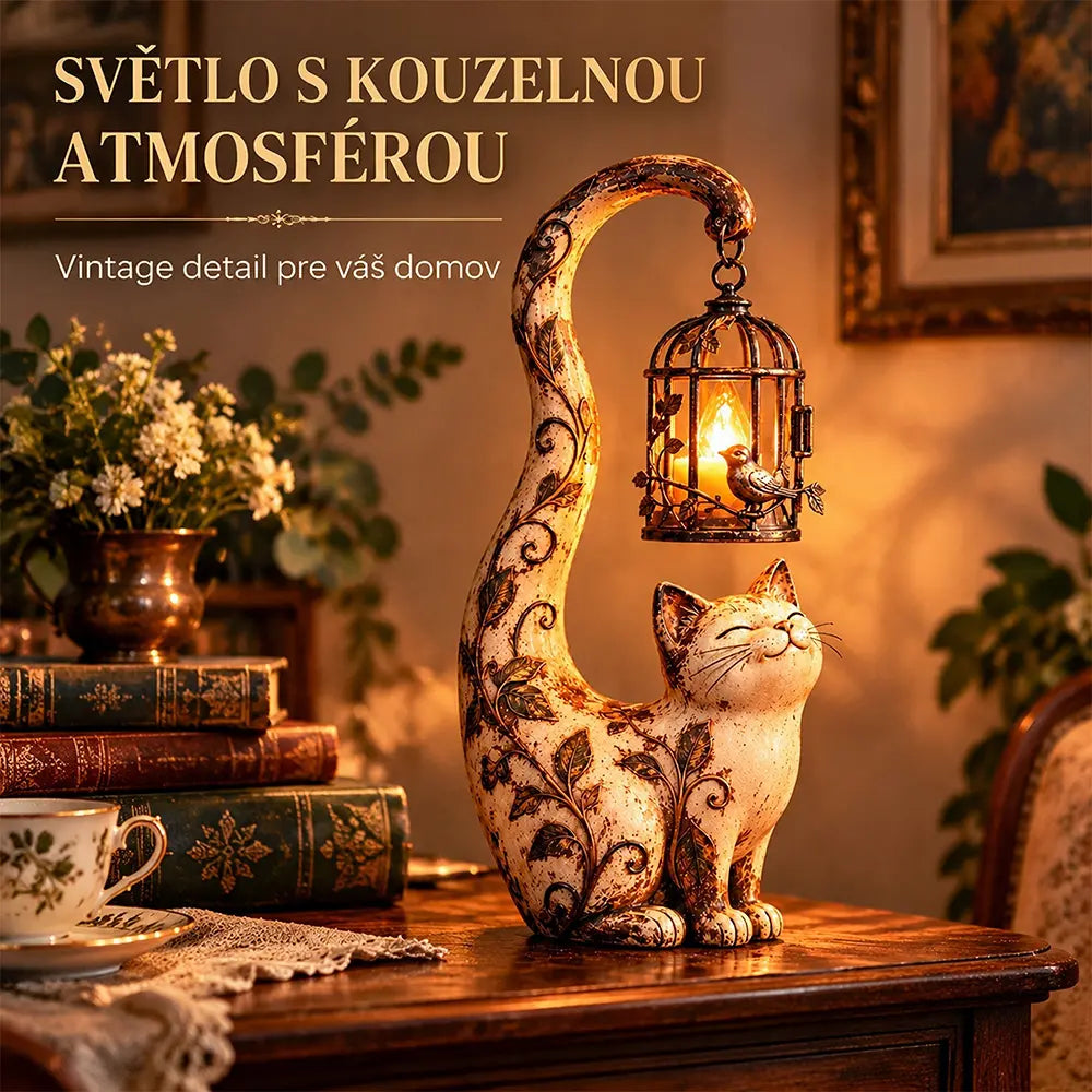 🐱💡Vintage stílusú éjszakai fény – macska madárkalitkával – kreatív kerti dekoráció
