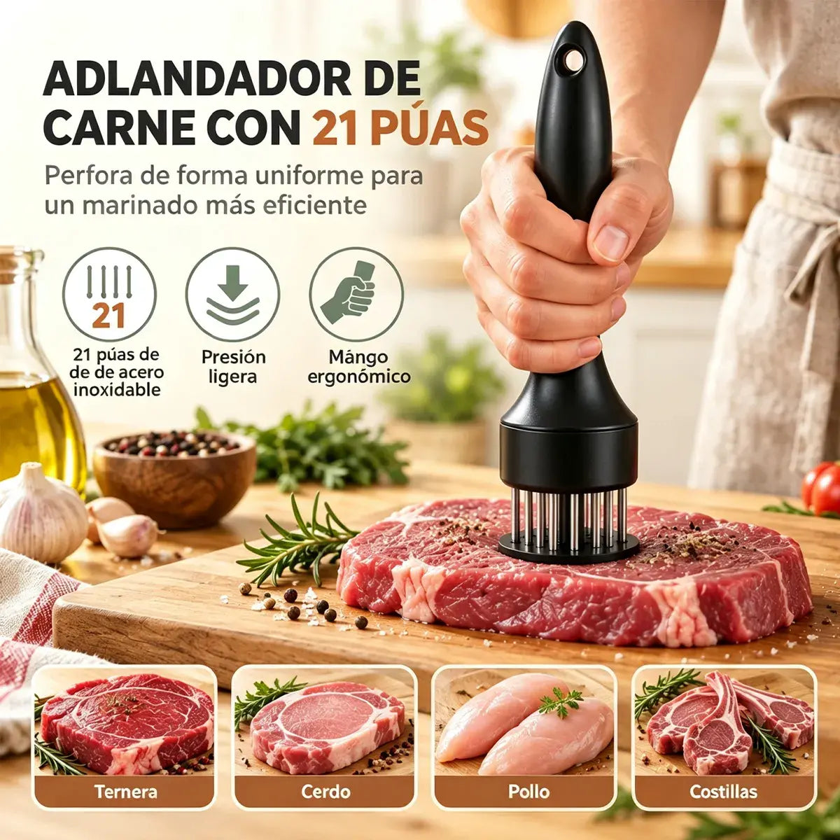 21 tűs, rozsdamentes acél húspuhító; ideális steakhez, barbecue-hoz és egyéb ételek elkészítéséhez.