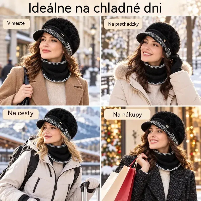 ❄️Štýlový dvojdielny zimný outfit: baseballová čiapka zo zmesi králičej kožušiny s klapkami na uši + pletený šál!