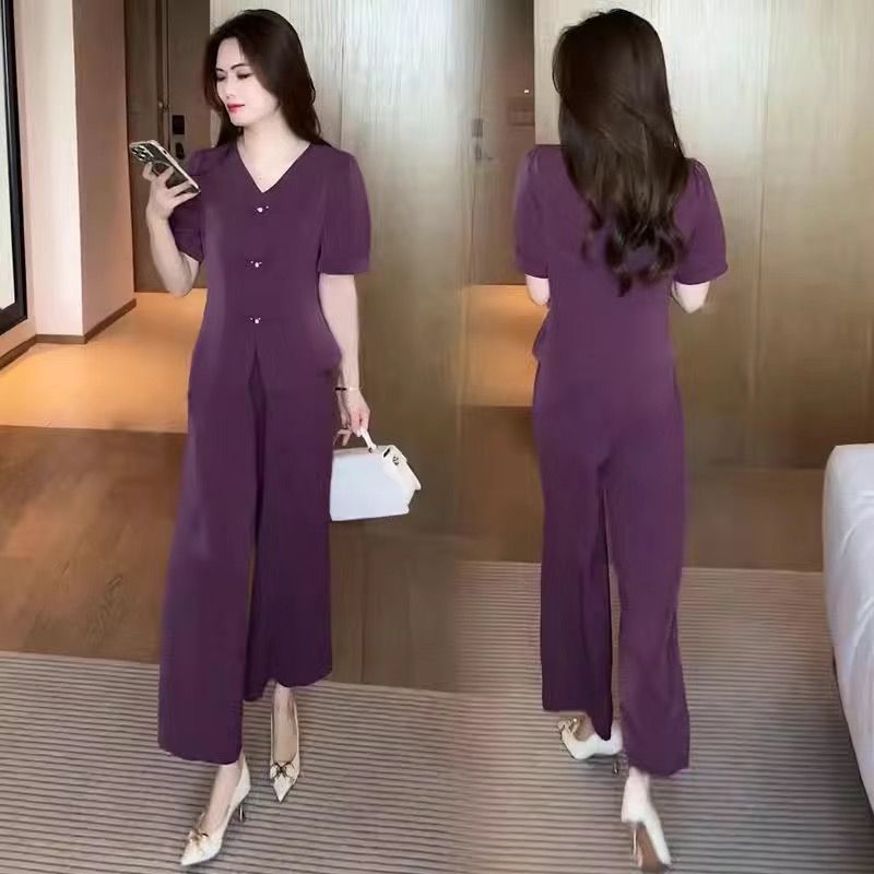 🌸【Top + spodnie z szerokimi nogawkami】Modny zestaw na co dzień. Eleganckie i przewiewne, odpowiednie na różne okazje