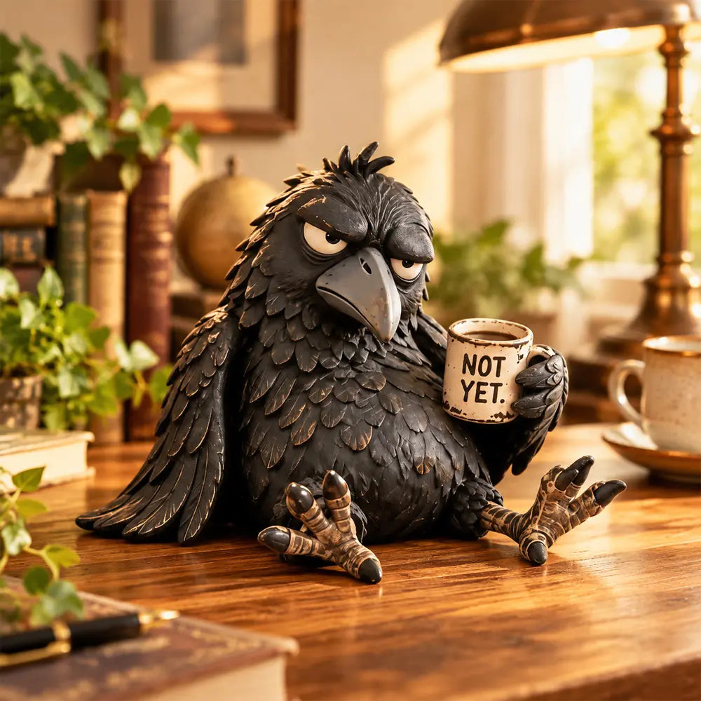 ☕😂 Morgós, kávéimádó hollófigura – Vidám reggeli dekoráció kávérajongóknak