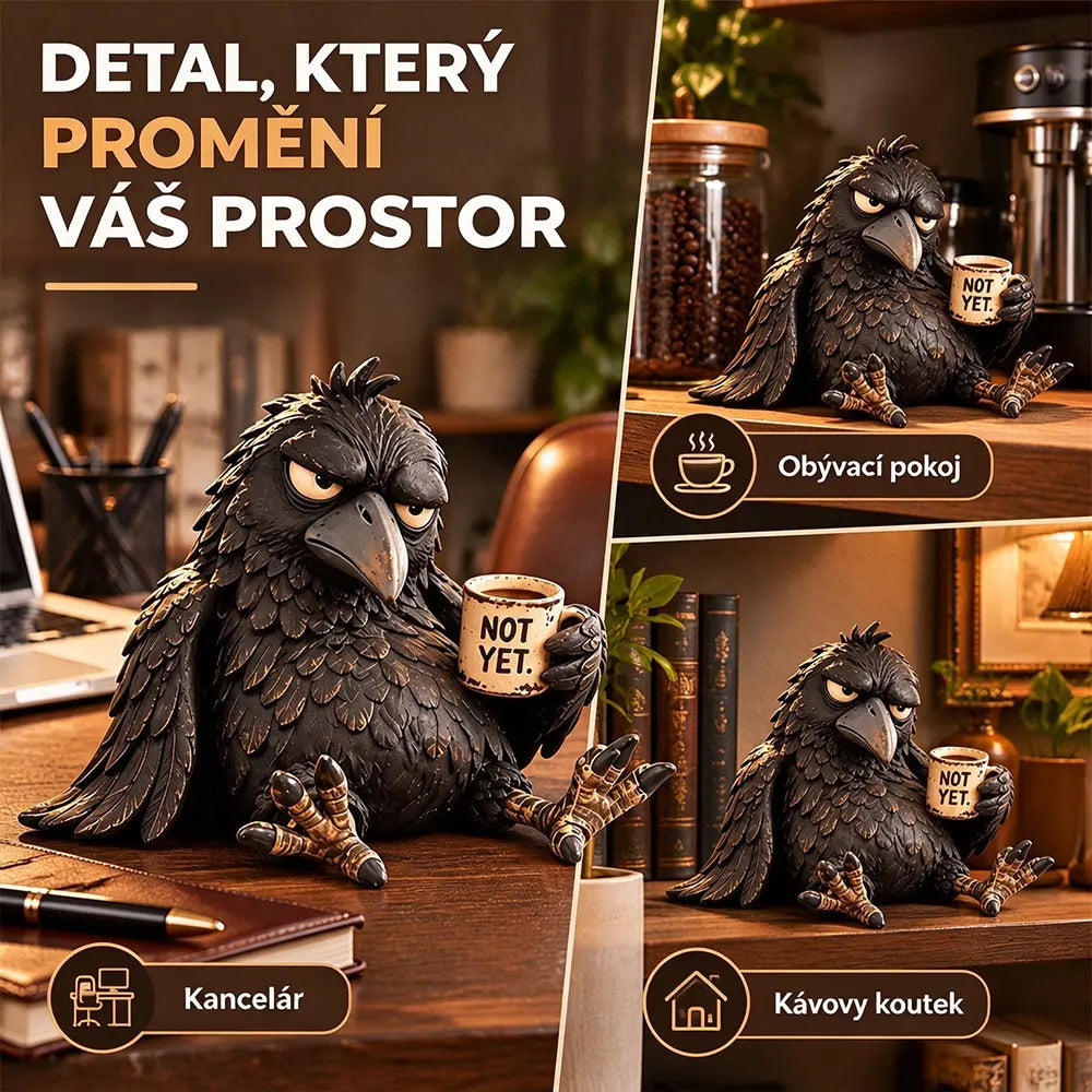 😝Pryskyřicová figurka „Nevrlá vrána s kávou“ – dekorace ve vintage stylu