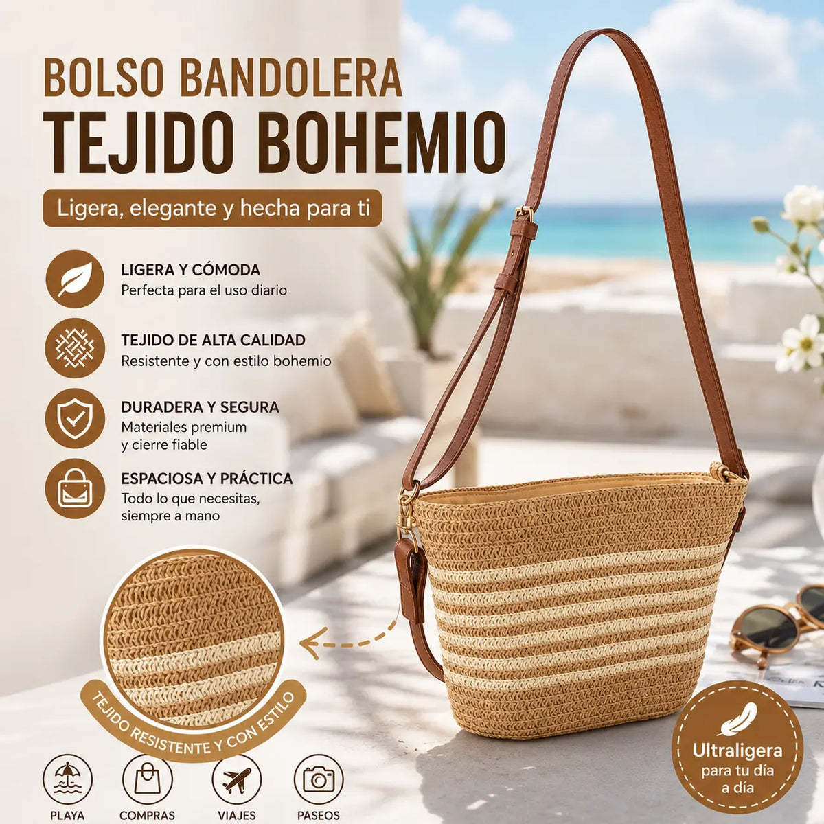 🌿 Bolso Bandolera de Rafia Artesanal con Gran Capacidad | Elegante, Cómodo y Perfecto para Verano