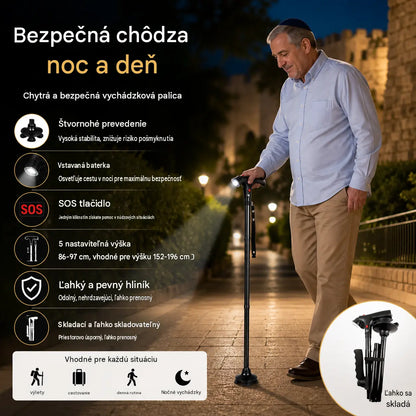 🦯 Multifunkčná skladacia palica, navrhnutá špeciálne pre seniorov – vyrobená zo zliatiny hliníka, vybavená LED svetlom, núdzovým tlačidlom a 4 opornými bodmi. Nastaviteľná výška 🔦🚨