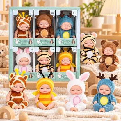 👶 Reborn babajáték-ajándékszett – Állatjelmezes pólyában! Imádnivaló, alvó babaarcok · 6 babából álló készlet díszdobozban · Tökéletes ajándék gyerekeknek!