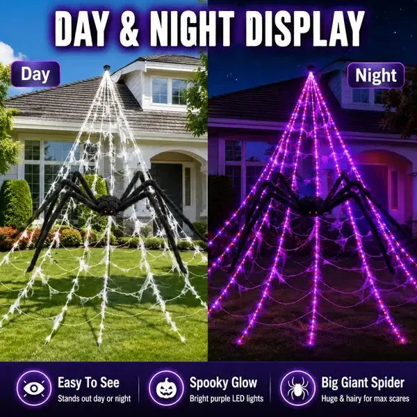 Halloween LED pókháló fények és óriás fekete pók dekoráció | 250 LED, 8 üzemmód, távirányító mellékelve