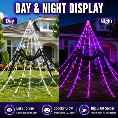 Halloween LED pókháló fények és óriás fekete pók dekoráció | 250 LED, 8 üzemmód, távirányító mellékelve