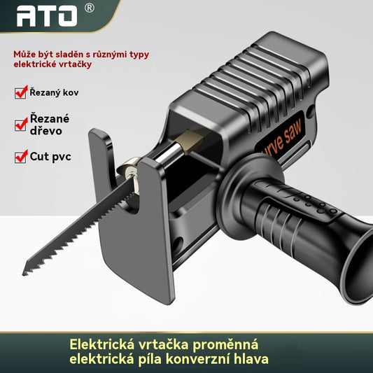 Elektrická vrtačka přeměněná na přímočarou pilu, adaptér pro hlavu přímočaré pily pro práci se dřevem